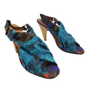 LANVIN Heels sandals Paris Ete 2010 Slingback Rare blue Fabric  Sz 6 5 7 37.5